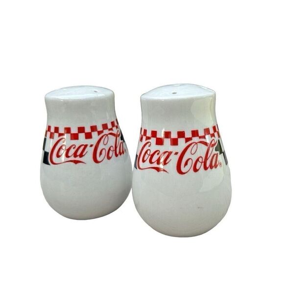 Vintage Coca Cola Salt & Pepper Shakers Set OS White Checkered Retro Ceramic - Picture 1 of 8